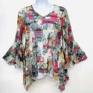 Dor Dor  Mesh Colorful Flare Sleeve Blouse Top Large V Neck Sheer Boho Fairy
